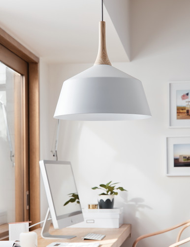 White metal shade with ash wood trim
