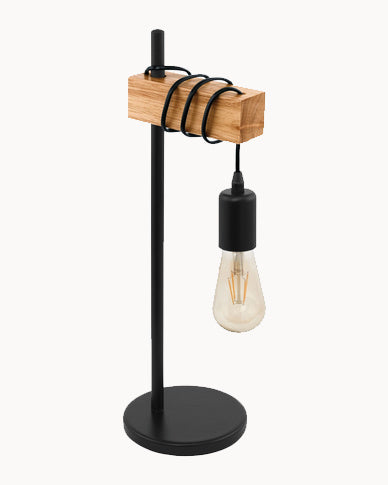 Black table lamp with oak-look wood bar