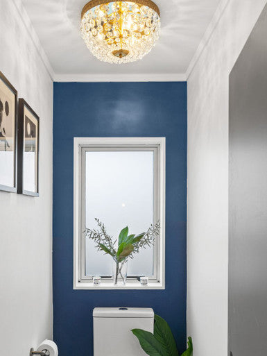 Brass ceiling mount paired with crystal droplets