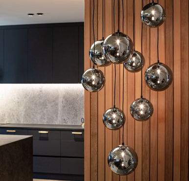 Black nine light pendant with smoke glass