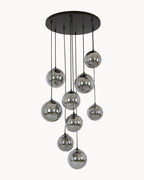 Black nine light pendant with smoke glass