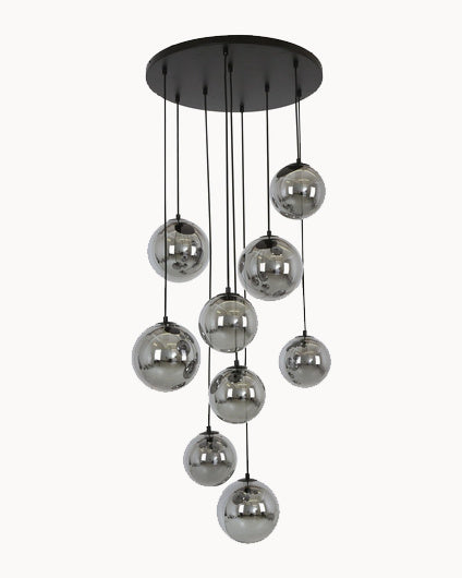 Black nine light pendant with smoke glass