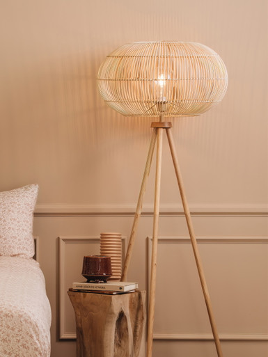 Natural rattan tripod floor lamp