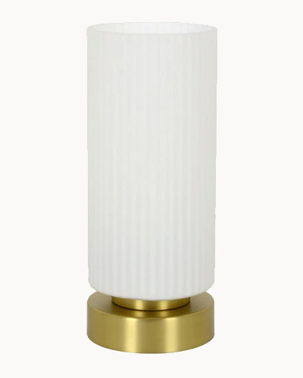 Brass table lamp with ribbed opal glass
