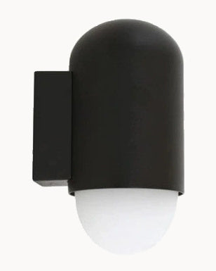 Black IP rated wall light with opal glass
