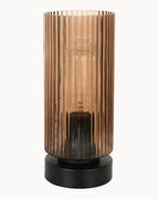 Touch table lamp with black base and sepia glass shade