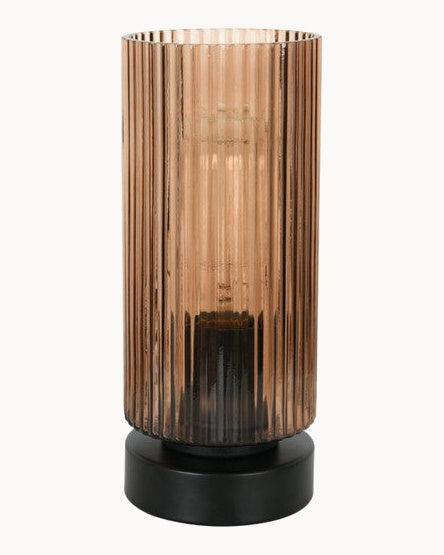 Touch table lamp with black base and sepia glass shade