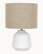 White base table lamp with oatmeal shade