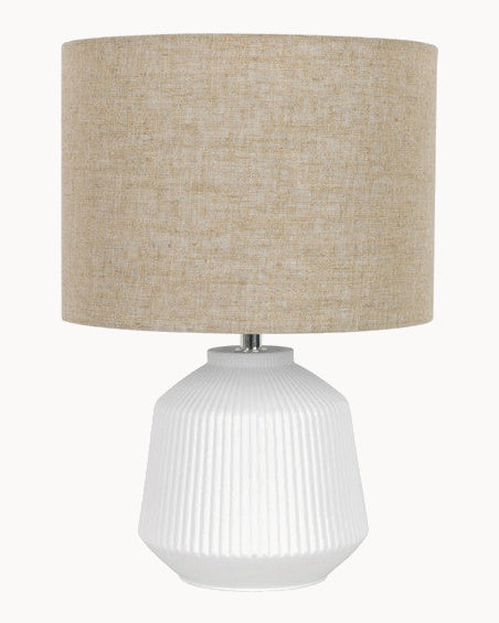 White base table lamp with oatmeal shade