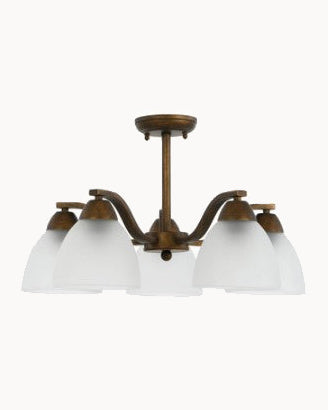 Bronze five light pendant paired with satin glass