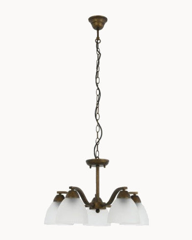 Bronze five light pendant paired with satin glass