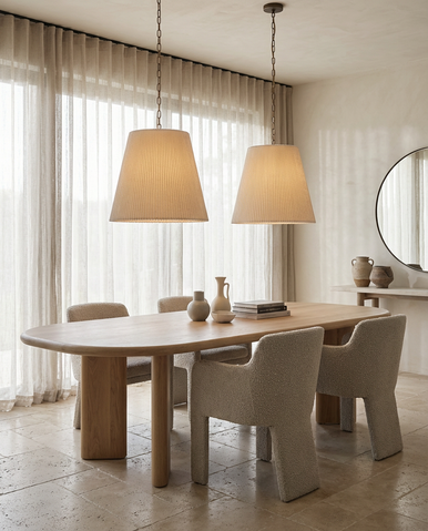 Bronze three light pendant with natural shade