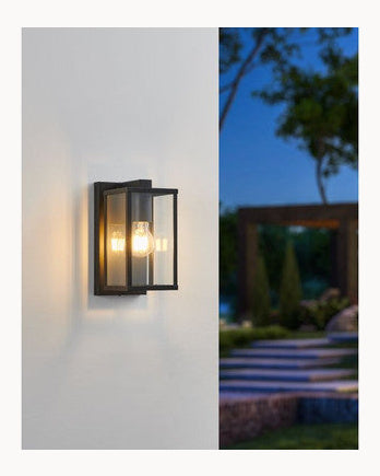 Black exterior wall light with glass panels