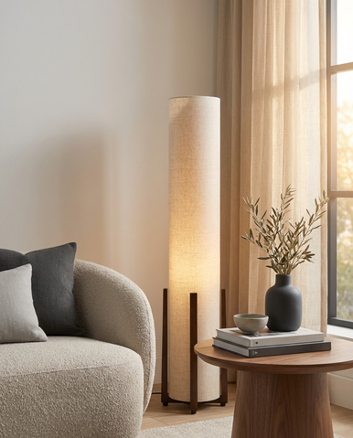 Walnut floor lamp with natural shade