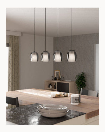 Four light pendant with smoked glass and opal inner glass