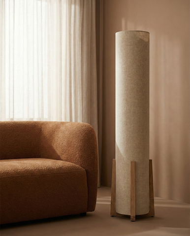 Wooden floor lamp with natural shade