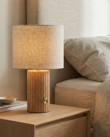 Teak table lamp with natural shade