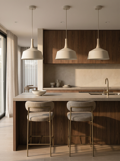 Beige 400mm pendant with travertine trim