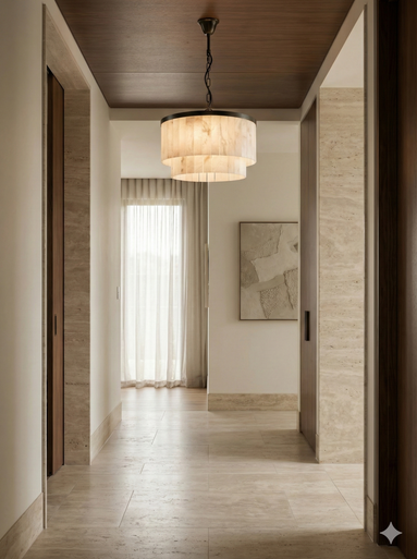Bronze ten light pendant with alabaster glass