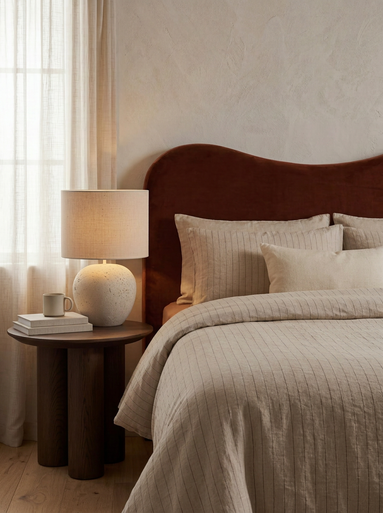 Travertine round table lamp with white shade