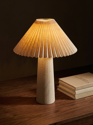 White ceramic with black dots table lamp with natural shade